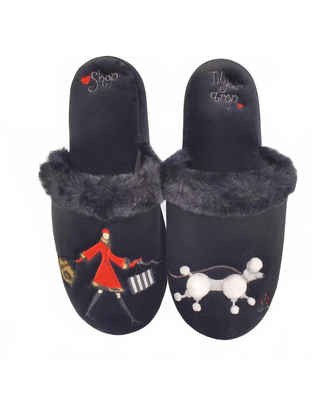 Totes Isotoner Black Faux Fur Slippers Shop Til You Drop Womens XL